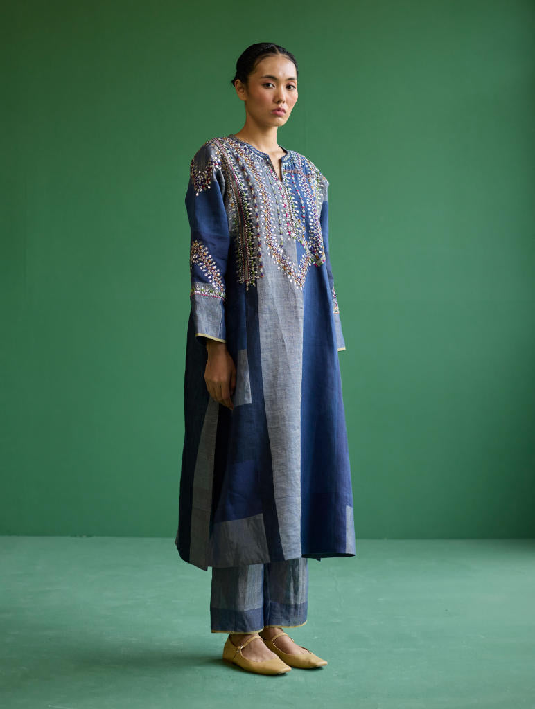 Rida Hand-Embroidered Metallic Linen Kurta - Navy linen by Manan in navy color for women Worldwide
