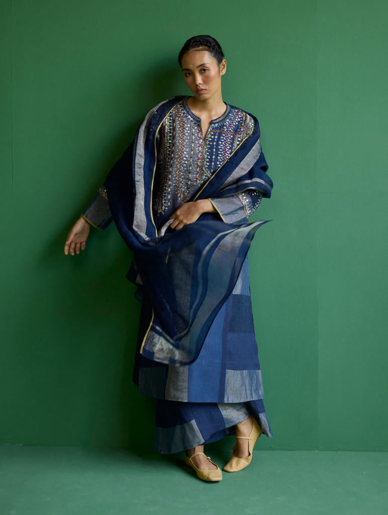 Rida Hand-Embroidered Metallic Linen Kurta - Navy linen by Manan in navy color for women Worldwide