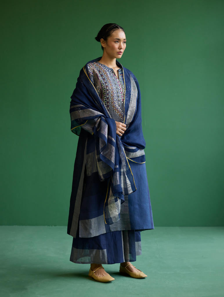 Rida Hand-Embroidered Metallic Linen Kurta - Navy