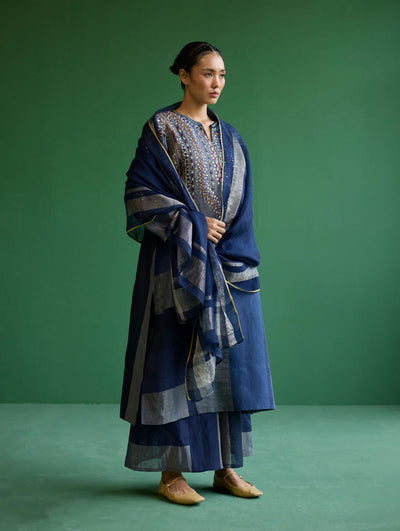 Rida Hand-Embroidered Metallic Linen Kurta - Navy