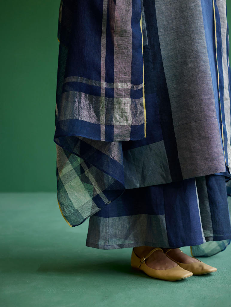 Rida Hand-Embroidered Kurta Set
 - Navy linen by Manan in navy color for women Worldwide