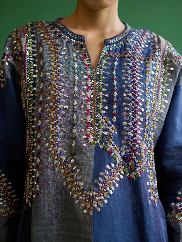 Rida Hand-Embroidered Metallic Linen Kurta - Navy linen by Manan in navy color for women Worldwide