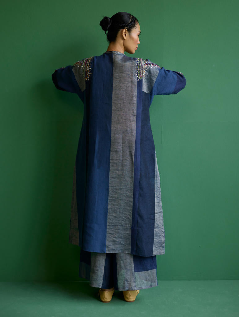 Rida Hand-Embroidered Metallic Linen Kurta - Navy linen by Manan in navy color for women Worldwide
