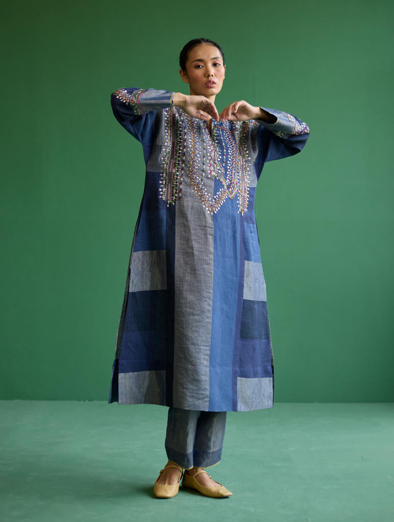 Rida Hand-Embroidered Kurta Set
 - Navy linen by Manan in navy color for women Worldwide