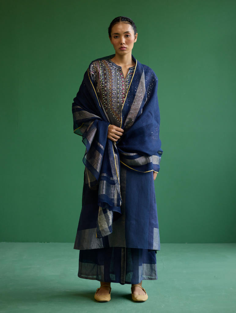 Rida Hand-Embroidered Metallic Linen Kurta - Navy linen by Manan in navy color for women Worldwide