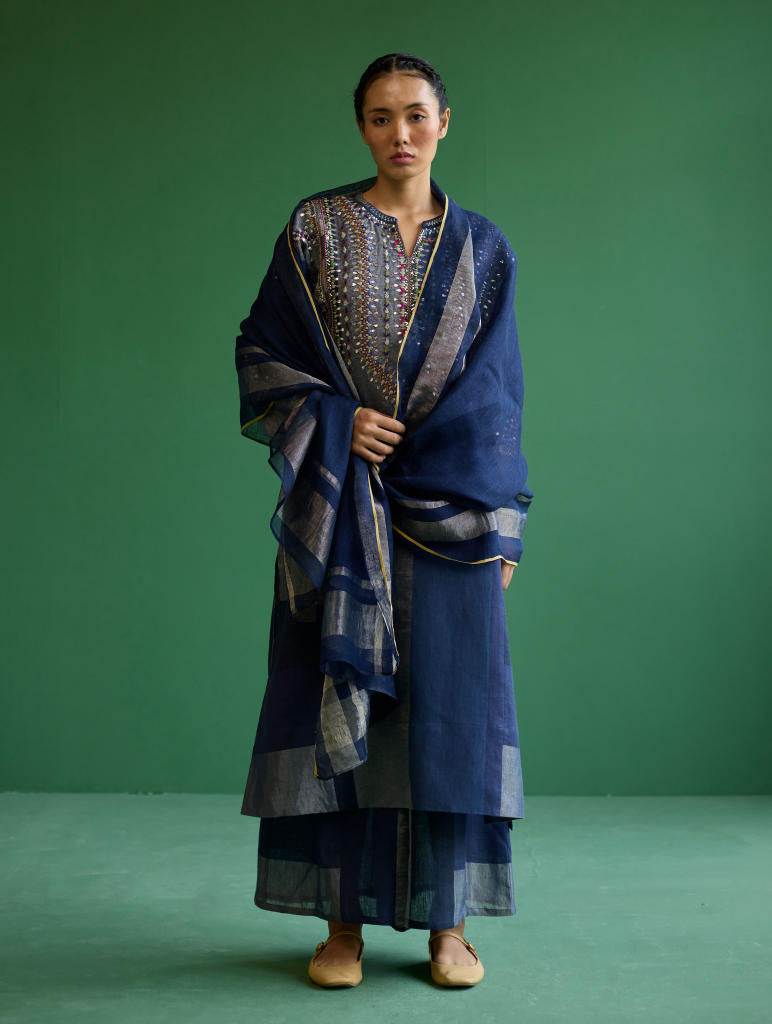 Rida Hand-Embroidered Metallic Linen Kurta - Navy