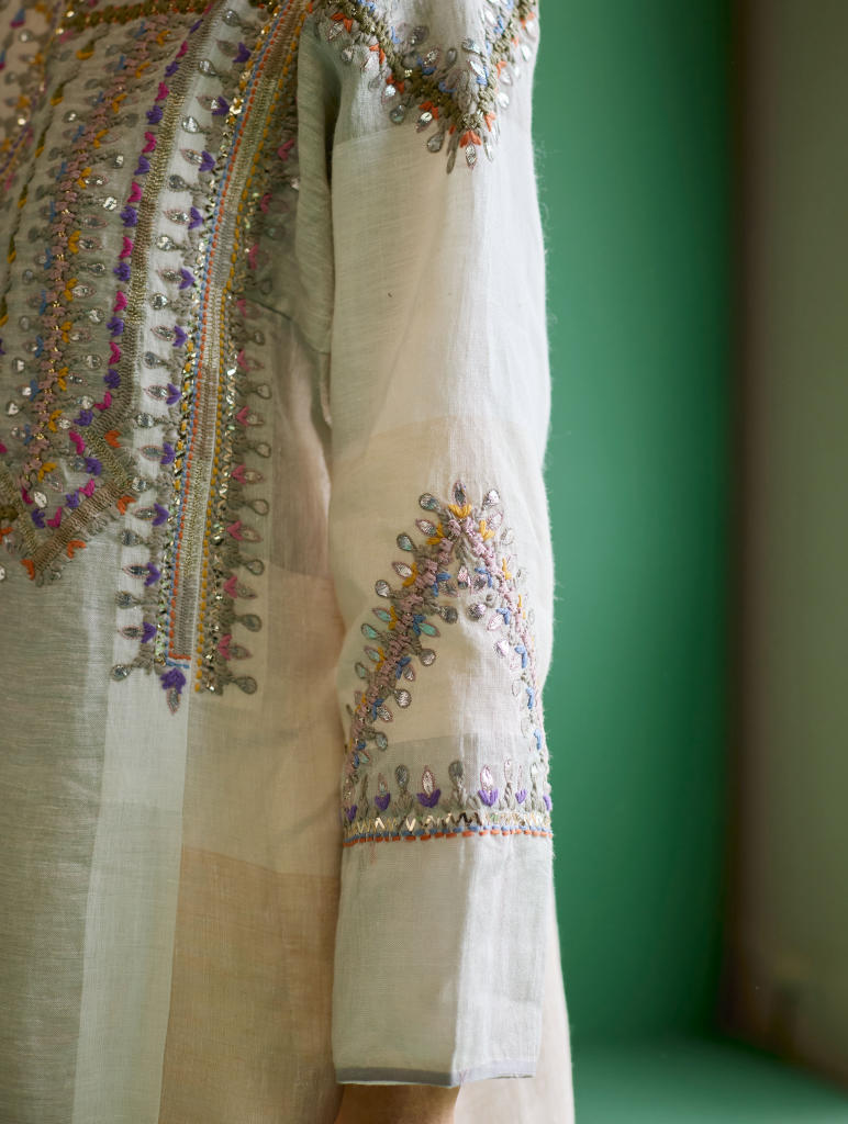 Rida Hand-Embroidered Kurta Set
 - Ivory linen by Manan in ivory color for women Worldwide