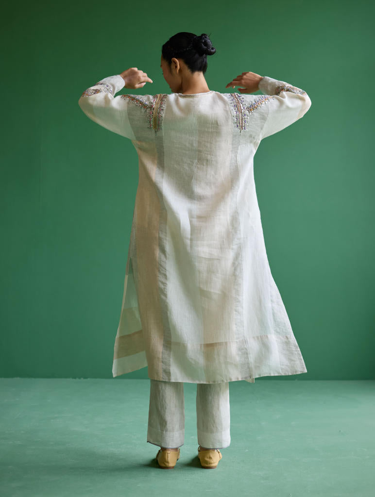 Rida Hand-Embroidered Kurta Set
 - Ivory linen by Manan in ivory color for women Worldwide