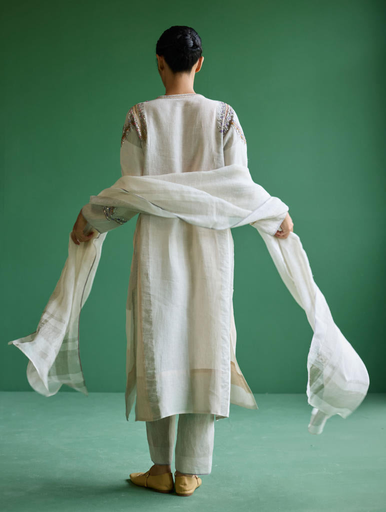 Rida Hand-Embroidered Metallic Linen Kurta - Ivory linen by Manan in ivory color for women Worldwide