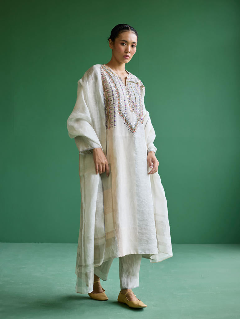 Rida Hand-Embroidered Metallic Linen Kurta - Ivory linen by Manan in ivory color for women Worldwide