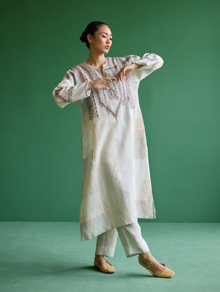 Rida Hand-Embroidered Kurta Set
 - Ivory linen by Manan in ivory color for women Worldwide