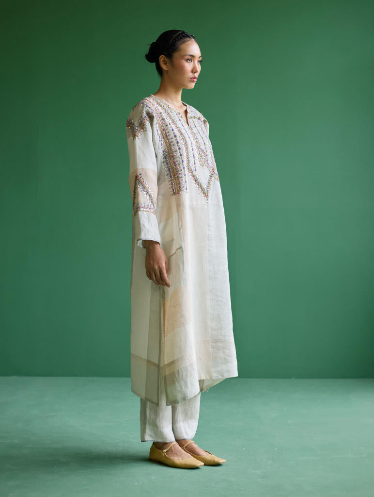 Rida Hand-Embroidered Kurta Set
 - Ivory linen by Manan in ivory color for women Worldwide