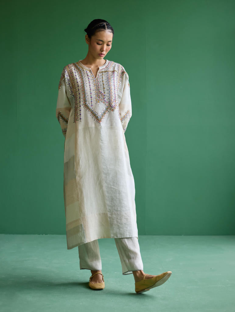 Rida Hand-Embroidered Kurta Set
 - Ivory linen by Manan in ivory color for women Worldwide