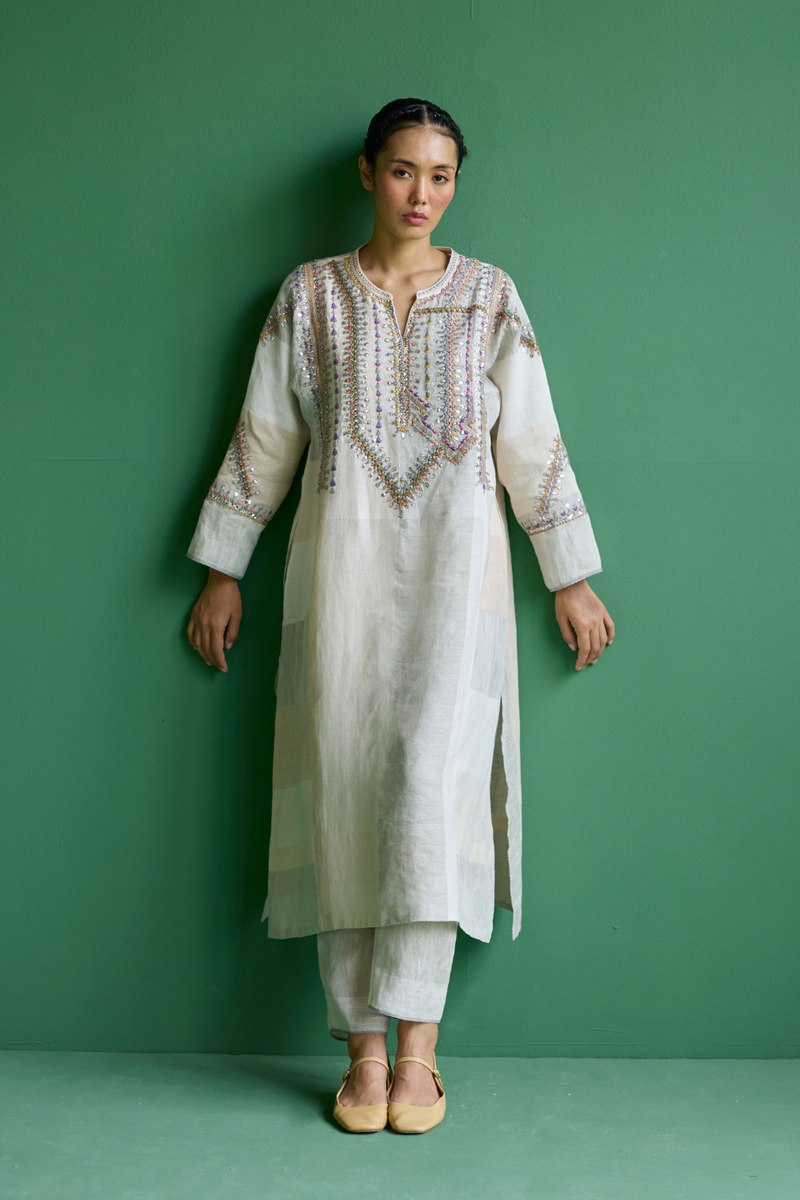 Rida Hand-Embroidered Metallic Linen Kurta - Ivory linen by Manan in ivory color for women Worldwide