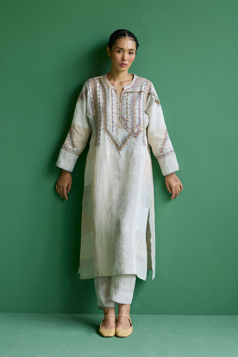 Rida Hand-Embroidered Metallic Linen Kurta - Ivory