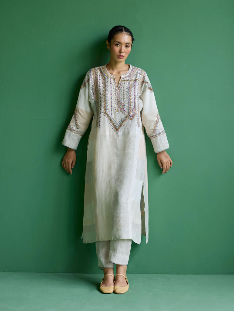Rida Hand-Embroidered Kurta Set
 - Ivory linen by Manan in ivory color for women Worldwide