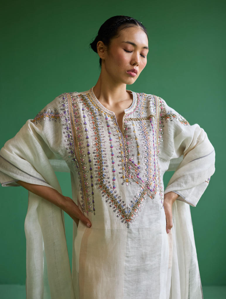 Rida Hand-Embroidered Metallic Linen Kurta - Ivory linen by Manan in ivory color for women Worldwide