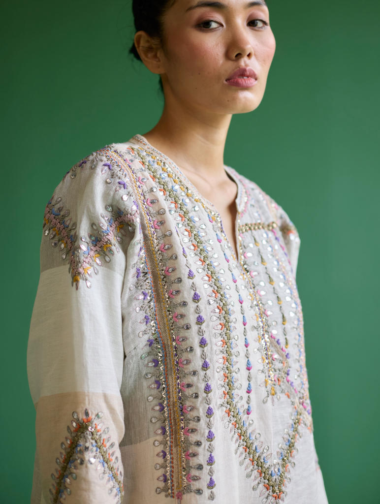 Rida Hand-Embroidered Metallic Linen Kurta - Ivory linen by Manan in ivory color for women Worldwide