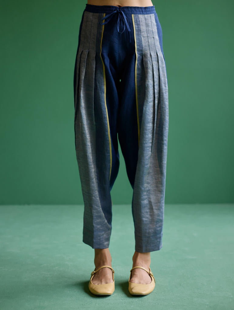 Ennya Hand-Embroidered Metallic Linen Kurta - Navy linen by Manan in navy color for women Worldwide