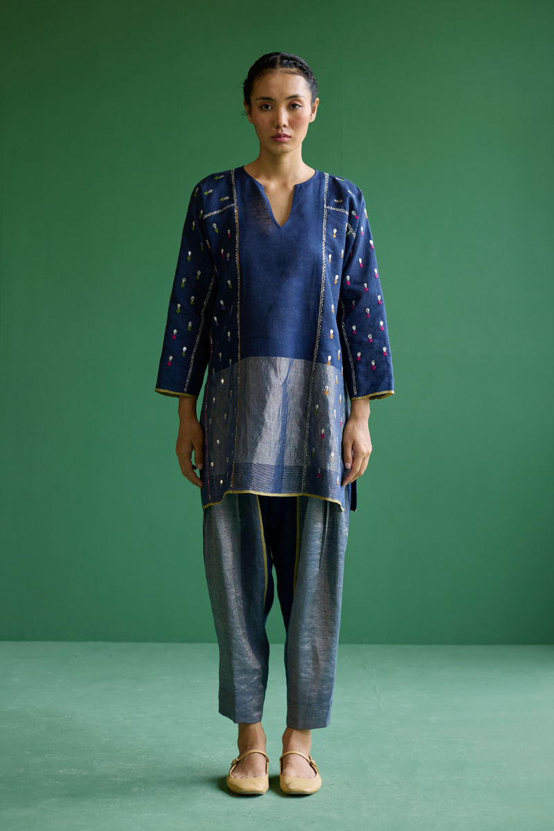 Ennya Hand-Embroidered Metallic Linen Kurta - Navy linen by Manan in navy color for women Worldwide