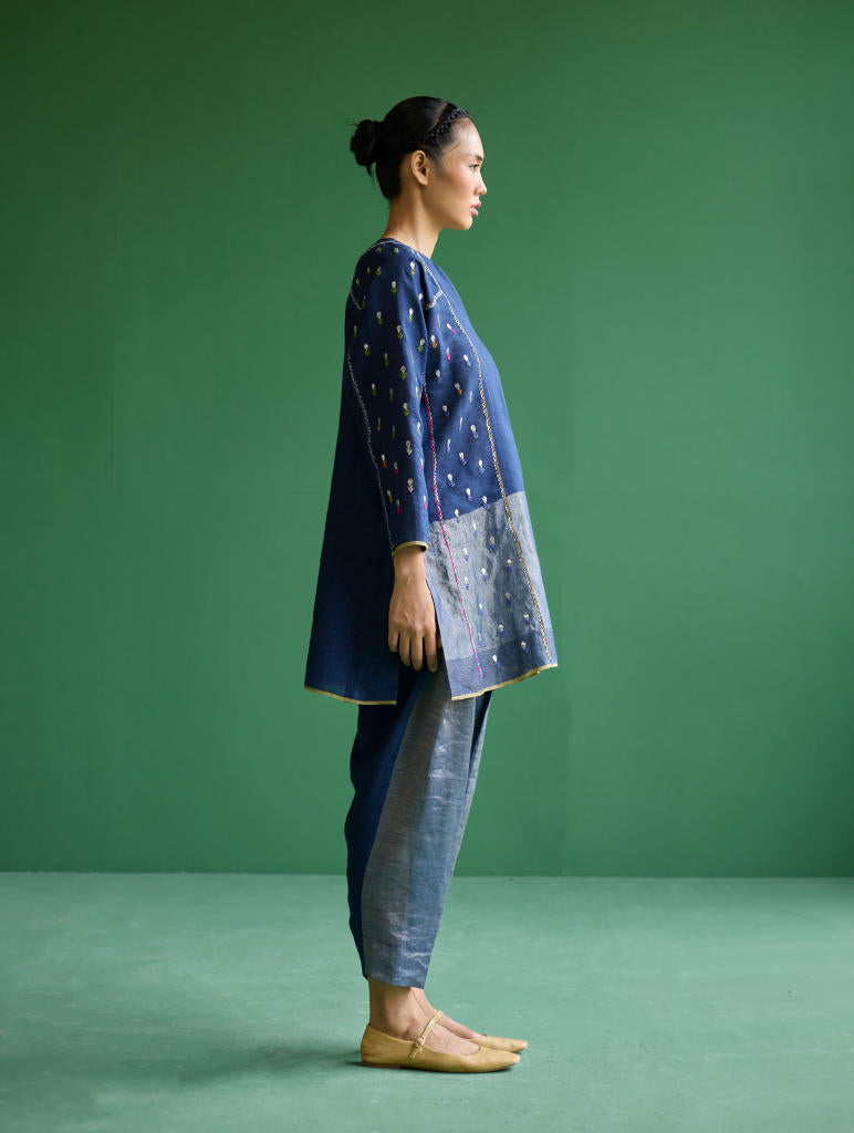 Ennya Hand-Embroidered Metallic Linen Kurta - Navy linen by Manan in navy color for women Worldwide