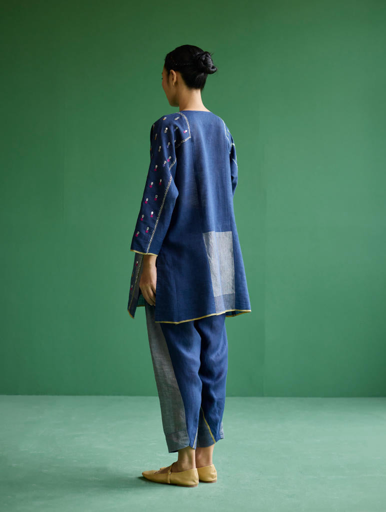 Ennya Hand-Embroidered Kurta Set
 - Navy linen by Manan in navy color for women Worldwide