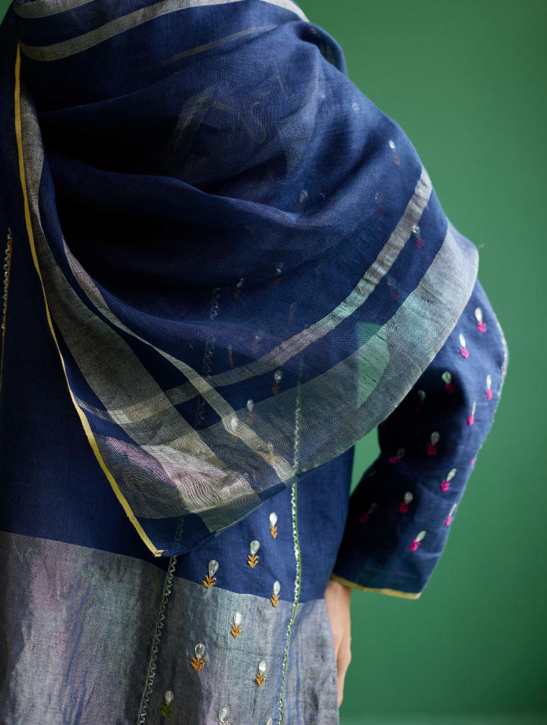 Ennya Hand-Embroidered Kurta Set
 - Navy linen by Manan in navy color for women Worldwide