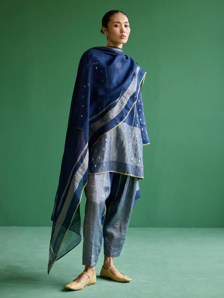 Ennya Hand-Embroidered Metallic Linen Kurta - Navy linen by Manan in navy color for women Worldwide