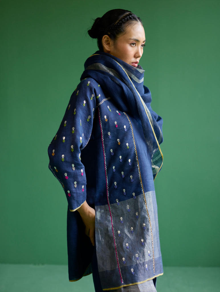 Ennya Hand-Embroidered Metallic Linen Kurta - Navy linen by Manan in navy color for women Worldwide