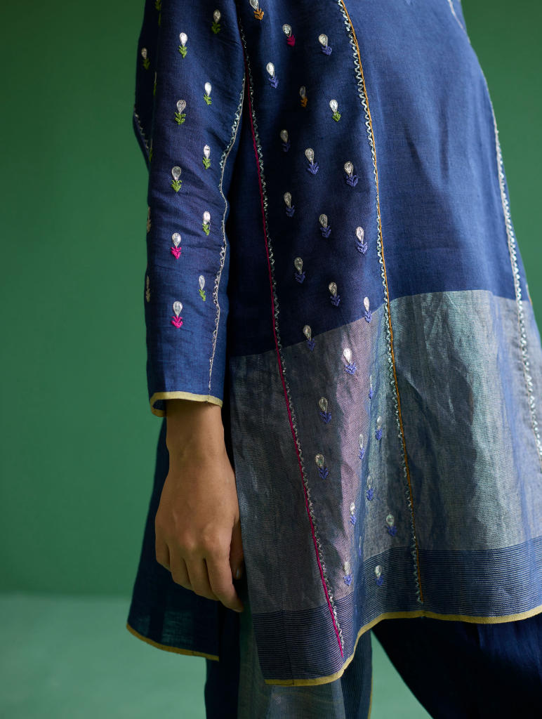 Ennya Hand-Embroidered Kurta Set
 - Navy linen by Manan in navy color for women Worldwide