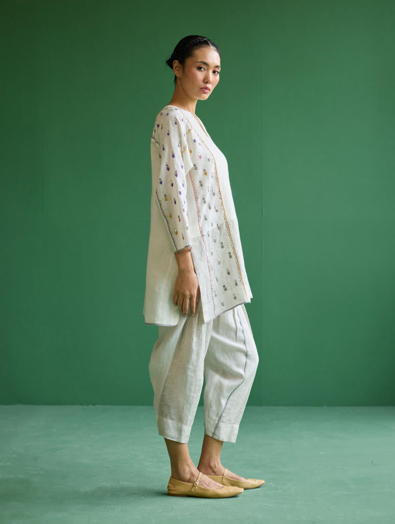 Ennya Hand-Embroidered Metallic Linen Kurta - Ivory linen by Manan in ivory color for women Worldwide