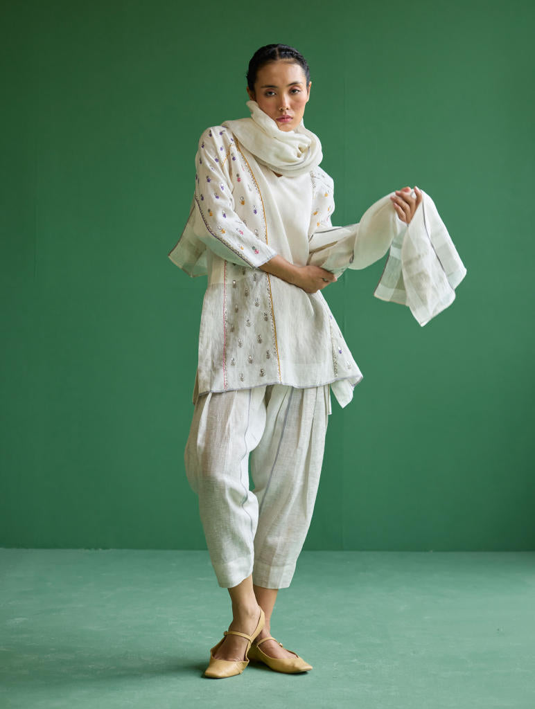 Ennya Hand-Embroidered Metallic Linen Kurta - Ivory linen by Manan in ivory color for women Worldwide