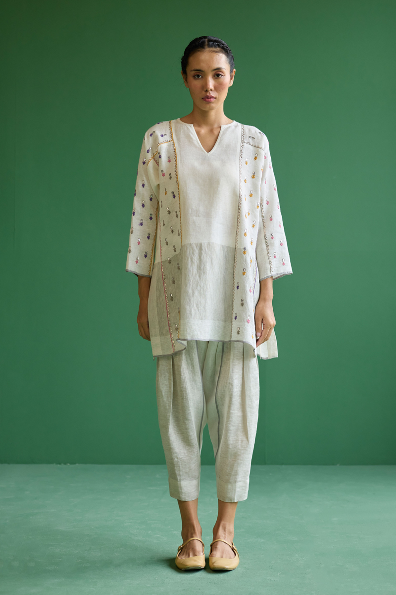 Ennya Hand-Embroidered Metallic Linen Kurta - Ivory linen by Manan in ivory color for women Worldwide