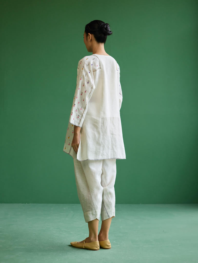 Ennya Hand-Embroidered Metallic Linen Kurta - Ivory linen by Manan in ivory color for women Worldwide