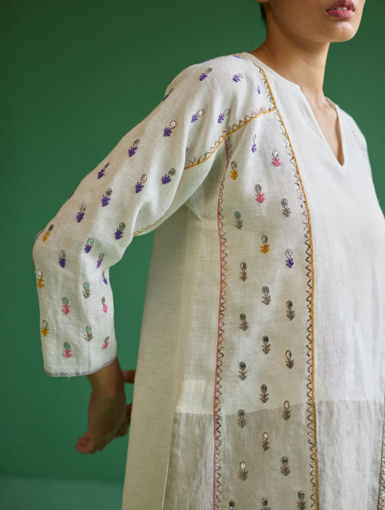 Ennya Hand-Embroidered Metallic Linen Kurta - Ivory linen by Manan in ivory color for women Worldwide