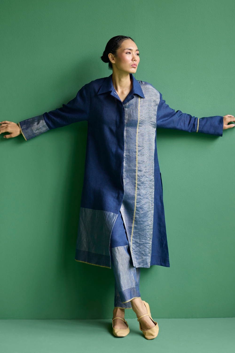 Ziza Metallic Linen Shirt Kurta - Navy