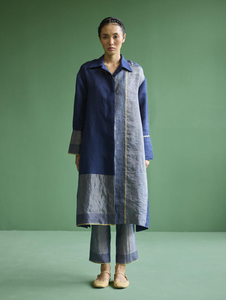Ziza Metallic Linen Shirt Kurta - Navy linen by Manan in navy color for women Worldwide