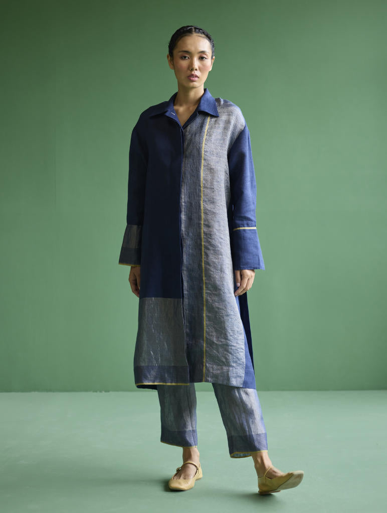 Ziza Metallic Linen Shirt Kurta - Navy linen by Manan in navy color for women Worldwide
