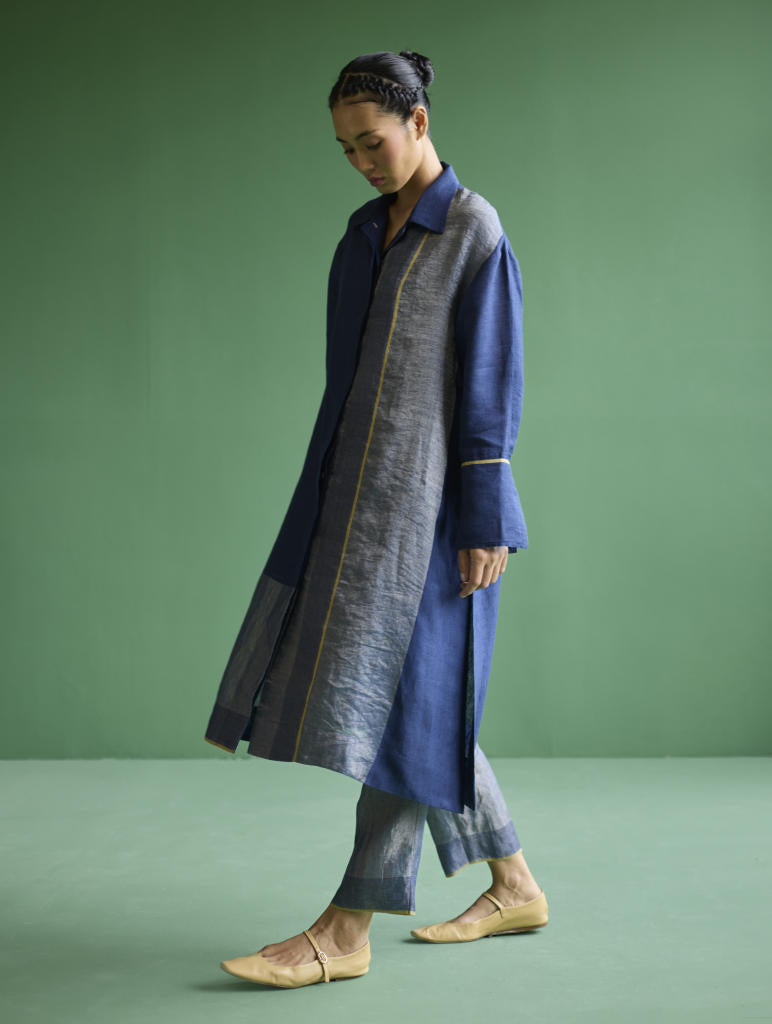Ziza Metallic Linen Shirt Kurta - Navy linen by Manan in navy color for women Worldwide