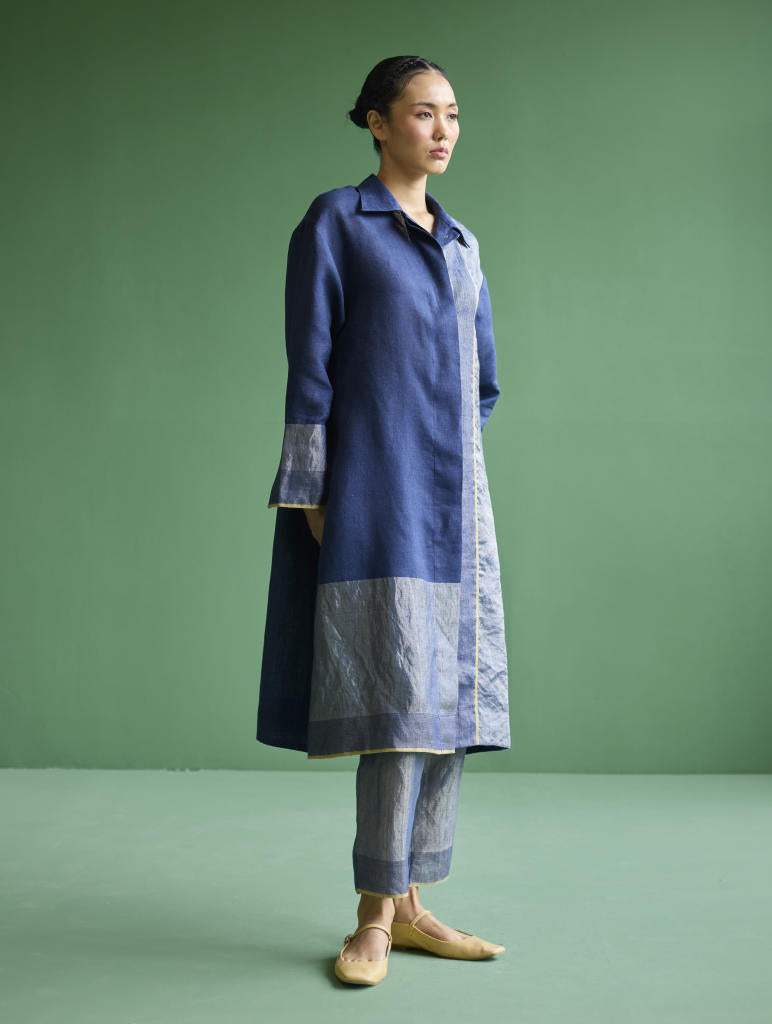 Ziza Metallic Linen Shirt Kurta - Navy linen by Manan in navy color for women Worldwide