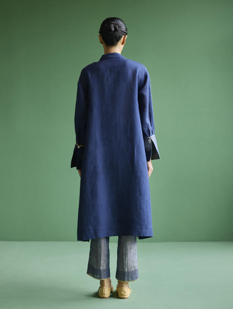Ziza Metallic Linen Shirt Kurta - Navy linen by Manan in navy color for women Worldwide