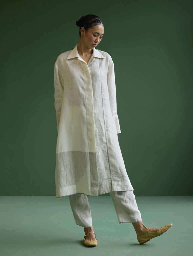Ziza Metallic Linen Shirt Kurta - Ivory linen by Manan in ivory color for women Worldwide