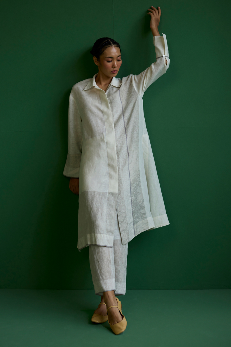 Ziza Metallic Linen Shirt Kurta - Ivory linen by Manan in ivory color for women Worldwide