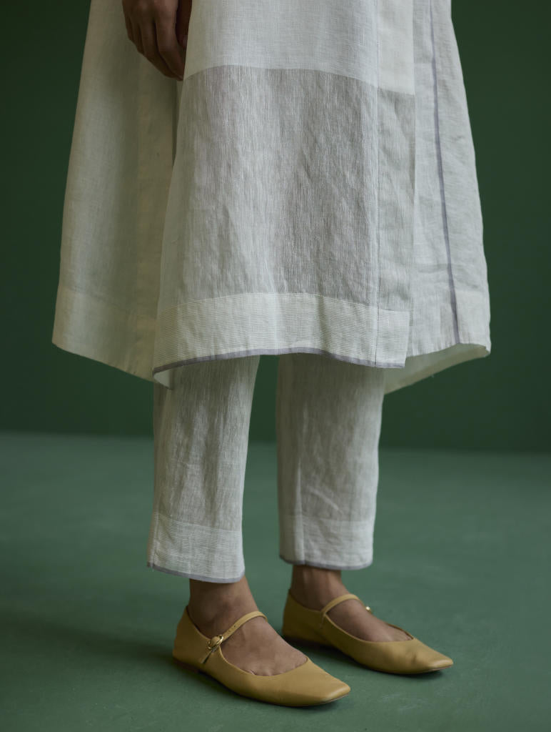 Ziza Metallic Linen Shirt Kurta - Ivory linen by Manan in ivory color for women Worldwide