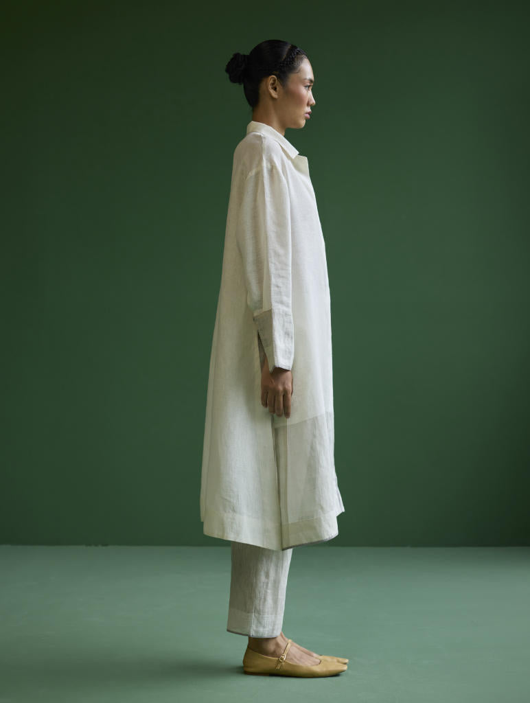 Ziza Metallic Linen Shirt Kurta - Ivory linen by Manan in ivory color for women Worldwide