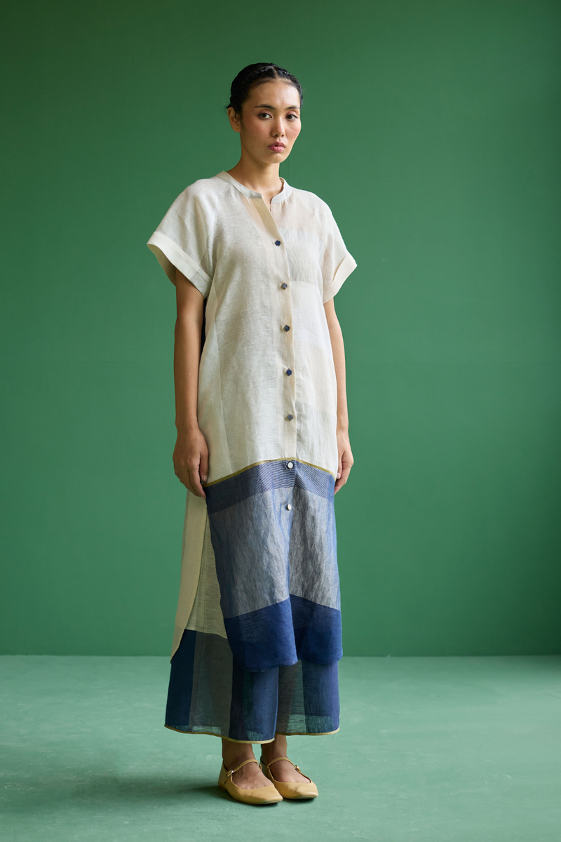 Nila Color-Blocked Metallic Linen Kurta
 - Ivory linen by Manan in ivory color for women Worldwide