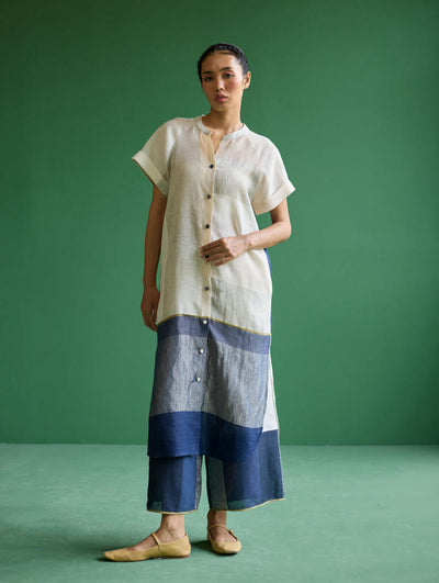 Nila Color-Blocked Metallic Linen Kurta
 - Ivory