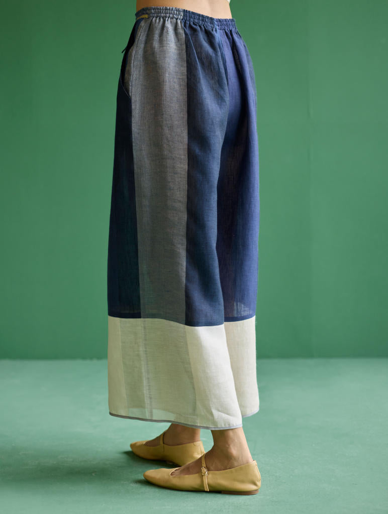 Risa Color-Blocked Kurta Set
 - Navy linen by Manan in navy color for women Worldwide