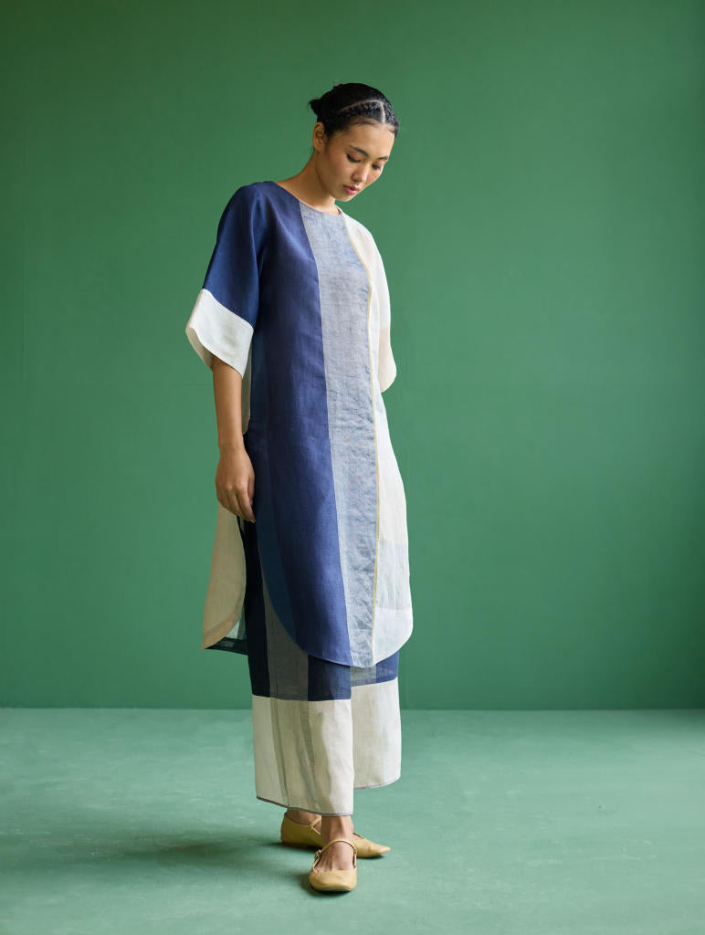Risa Color-Blocked Kurta Set
 - Navy linen by Manan in navy color for women Worldwide