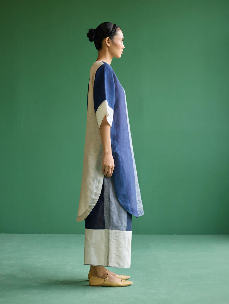 Risa Color-Blocked Kurta Set
 - Navy linen by Manan in navy color for women Worldwide